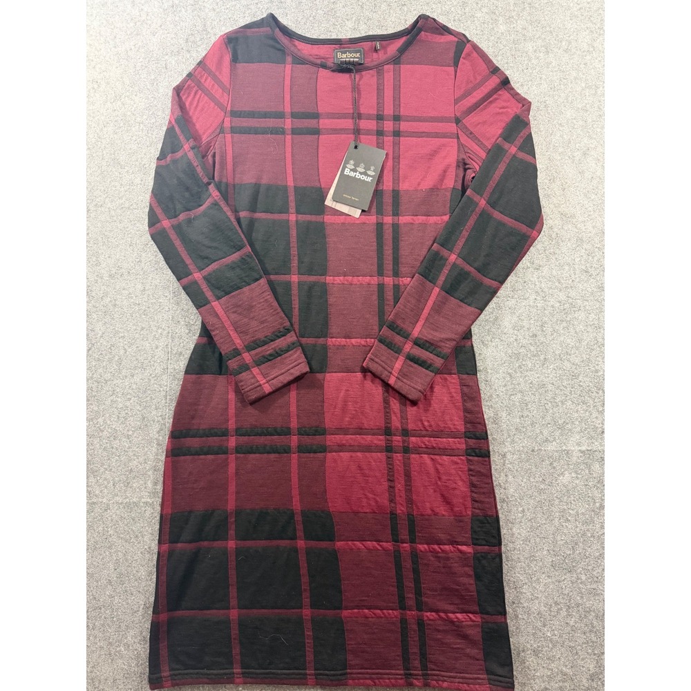 NWT Barbour Orkney Dress Port Red Plaid Tartan Long Sleeve Shift Cotton Sz US 8